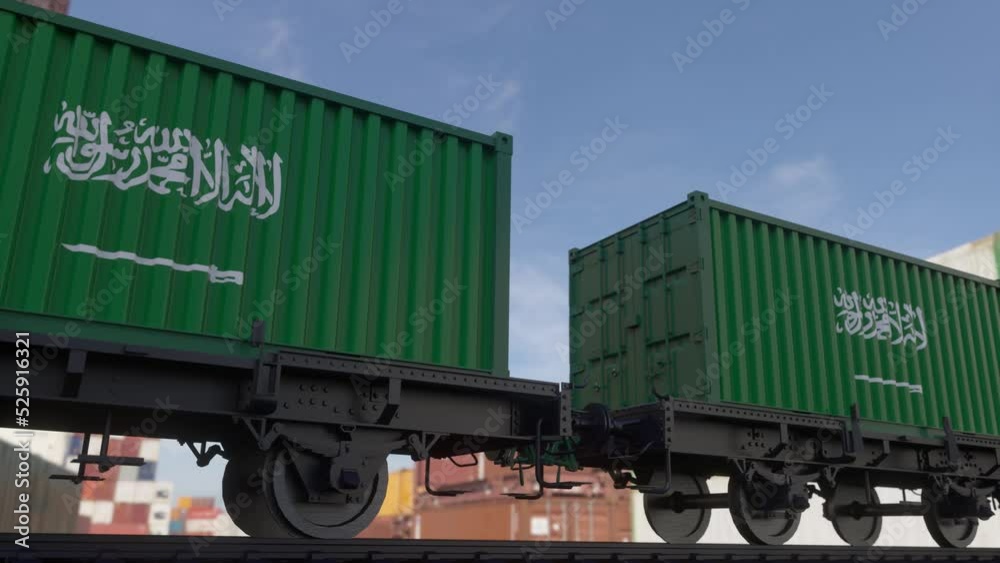 Train and containers with the flag of Saudi Arabia. Railway transportation Train and containers with the flag of Saudi Arabia. Railway transportation
