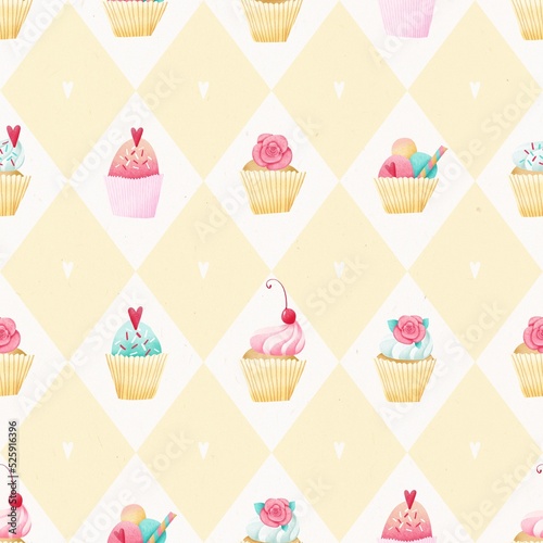 Seamless diamond-shaped pattern with watercolor cakes  cherries  hearts  roses and cream. Yellow rhombuses. Stock illustration.