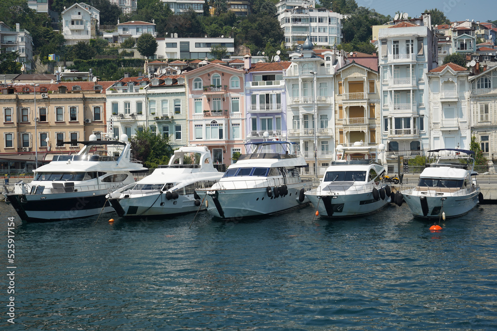 Views of various mansions and nostalgic buildings from the sea, on the European side of Istanbul, on the Bosphorus. Residence by the sea