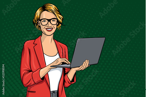 Pop art girl with a short orange hair on the green background. Teacher in glasses with laptop. Woman in red jacket 