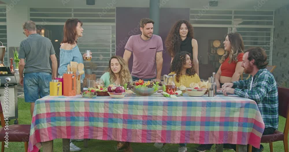 custom made wallpaper toronto digitalFamily meeting at backyard barbecue party. BBQ table. Diverse friends gathered together for celebration. Summer holidays