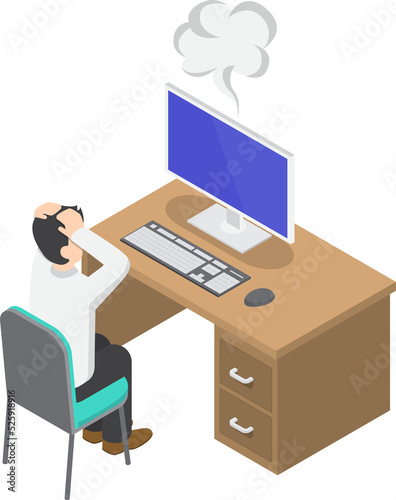 Flat 3d isometric businessman having problems when his computer show blue screen error, computer and operating system failure error concept