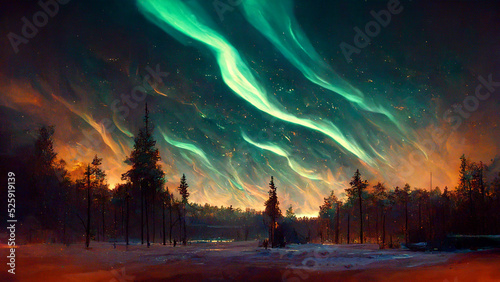 Fantastic Winter Epic Forest Landscape. Frozen nature. Northern lights and aurora borealis. Mystic Valley. Artwork sketch. Gaming RPG background. Book cover, poster