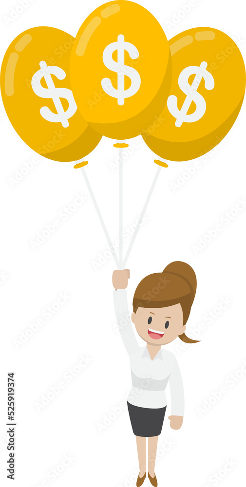 Businesswoman Flying with Dollar Balloon, Financial Concept