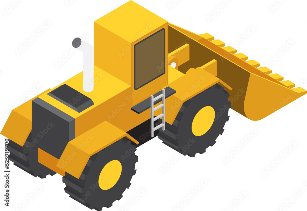 Flat 3d isometric construction transport icon bulldozer back view