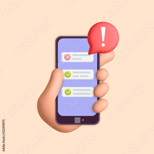 3d vector hand holding smartphone with checklist mobile application and red alert exclamation sign design illustration