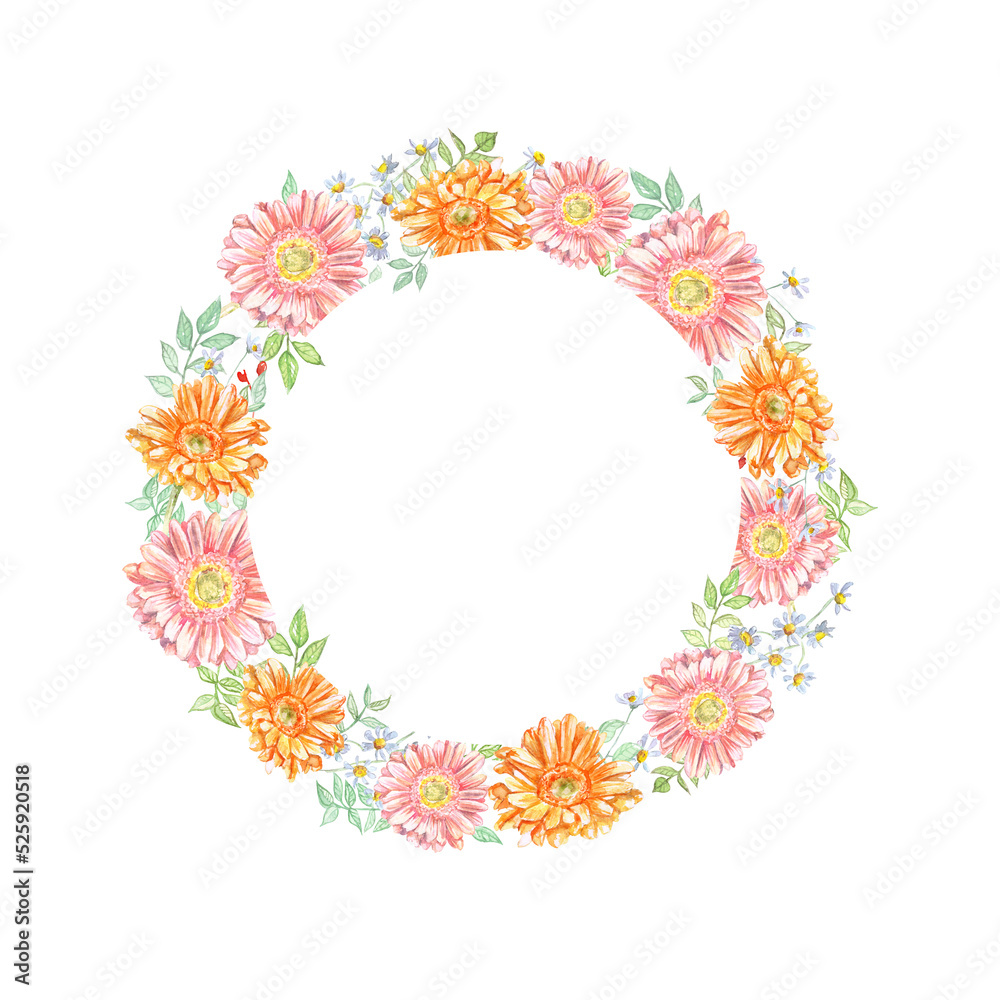 Watercolor floral garland banner with chrysanthemums and chamomile and leaves isolated on white background. Hand drawn art for weddings, invitation, save the date, cards, greetings design.