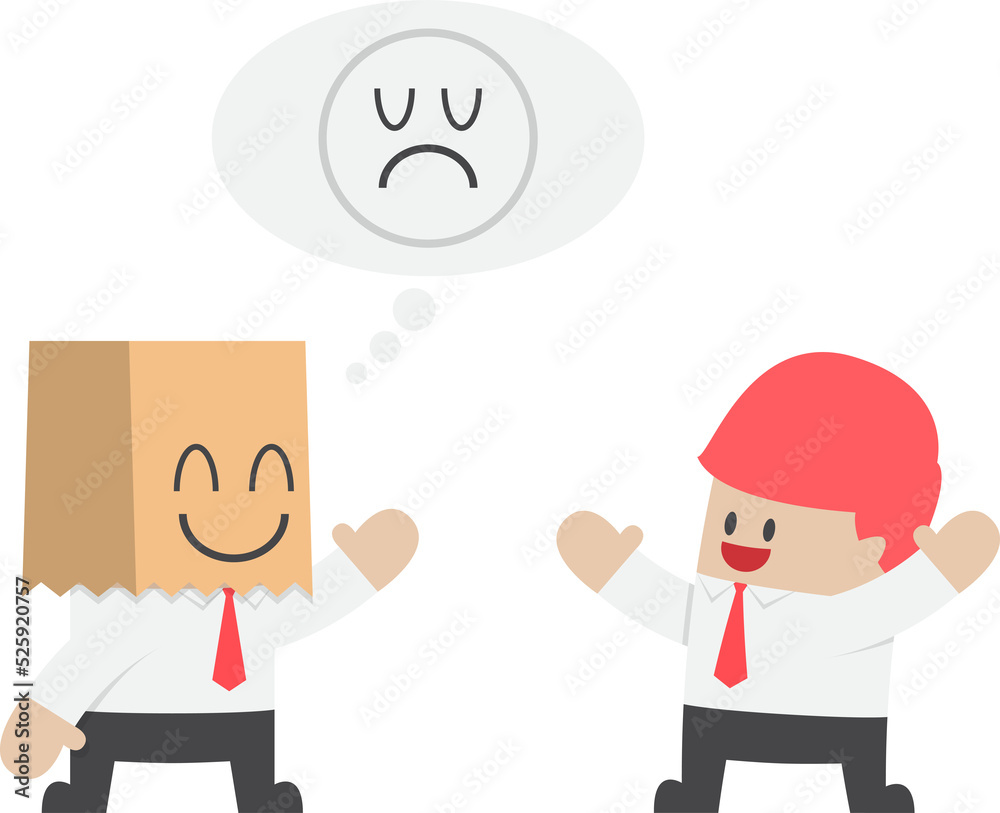 Businessman hide his sad emotions behind a smiling paper bag, stress, mental health concept
