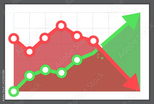 Green Stock Market Graph Falling Through Red Chart Flat Style Icon. Financial Concept photo