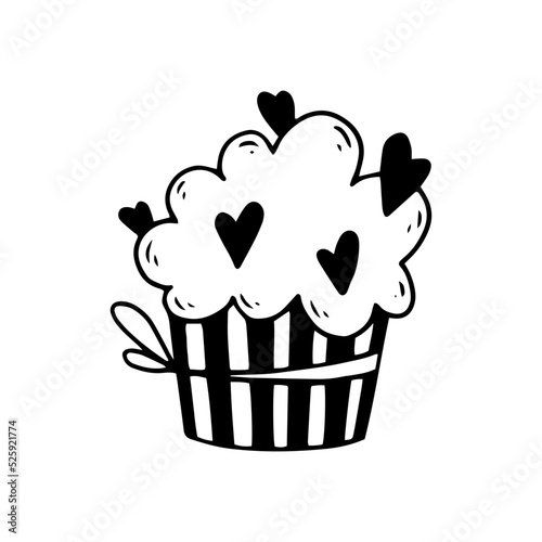 Doodle sketch of a festive muffin, cupcake with cream and hearts.Vector graphics.