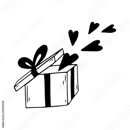 Doodle sketch of a gift box with flying hearts.Vector graphics.