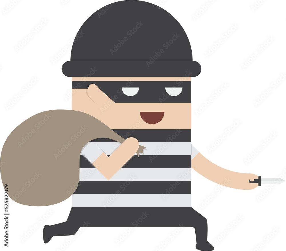 Thief cartoon holding knife in his hand and carrying a money bag, VECTOR, EPS10