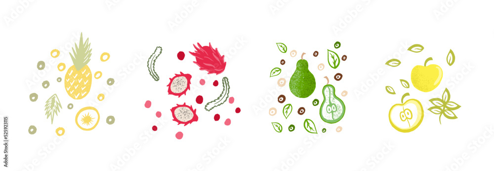 Flat set hand drawn healthy food. Illustration of fruits. Organic products in sketch style. Isolated scandinavian items.