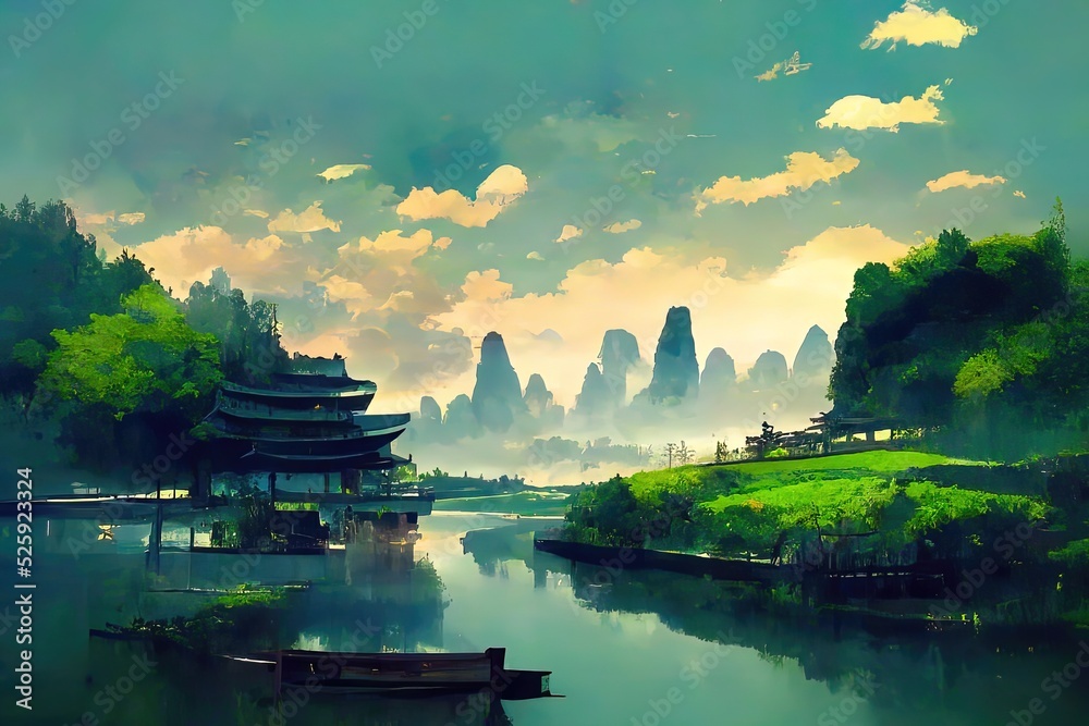 Fototapeta premium Beautiful China Huangshan Landscape, mountains river