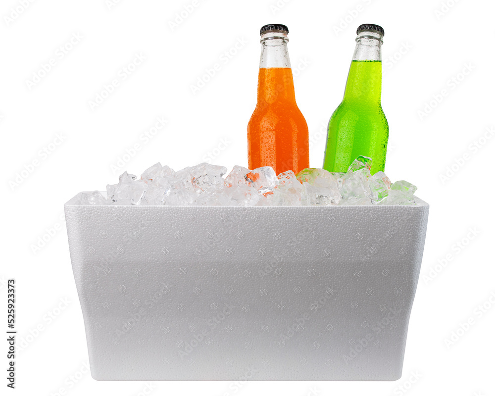 Cooler with ice and bottles of soda. Styrofoam Cooler box. White foam
