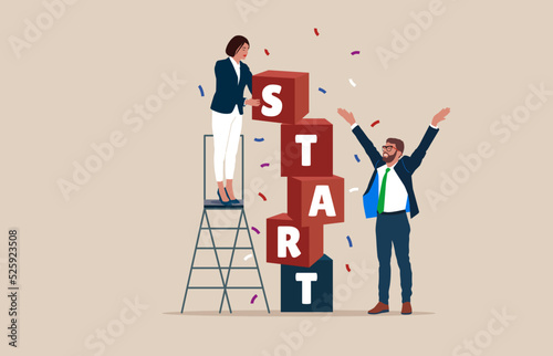 Woman and man connect puzzle elements with the word start. Starting a business team or uccess of the team together. Plan for business direction. Start new career. 