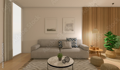 Interior view of a cozy living room with armchairs and cushions on a sunny day