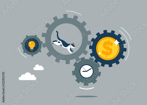 Cat running with full effort inside gear cogs to spin time and money gears. Effort and time to make money, success long term investment, deadline effect to make people finish work concept.