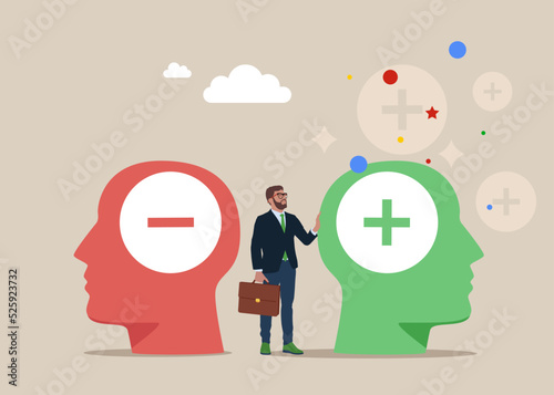 Businessman choosing positive mind with good vibes for great life. Positive and Negative thinking.