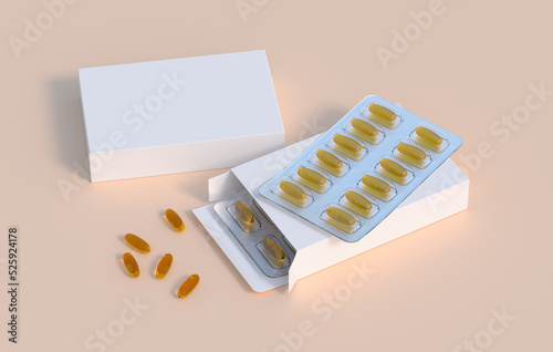 Editable mockup of fish oil omega 3 golden capsules in two blister pack. 3d rendering.