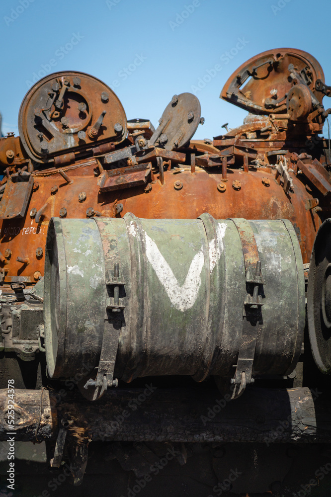 The back of a Russian tank that was burned in the battle in Ukraine.