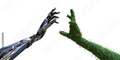 Green technology conceptual design, The Nature as a human arm covered with grass lush and flowers is about to touch robotic hand