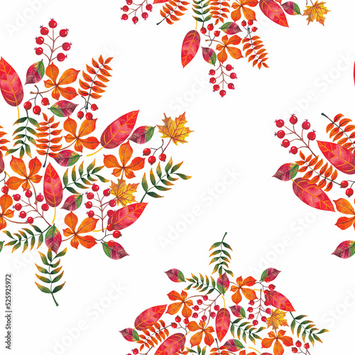 Autumn watercolor leaf's seamless. Yellow, orange, brown colors. Maple shape. White background.