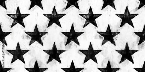 Seamless painted patriotic stars black and white artistic acrylic paint texture background. Tileable grunge hand drawn July fourth American independence day holiday wallpaper motif pattern design.