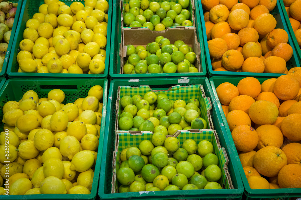 lemons and oranges on the counter in boxes lemons and oranges on the counter in boxes