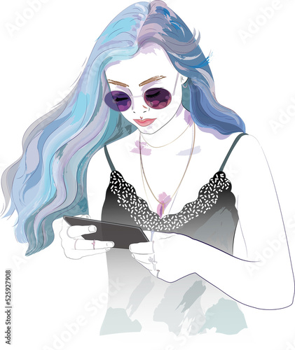 A beautiful young girl with long blue hair, wearing sunglasses, looking down at a phone.