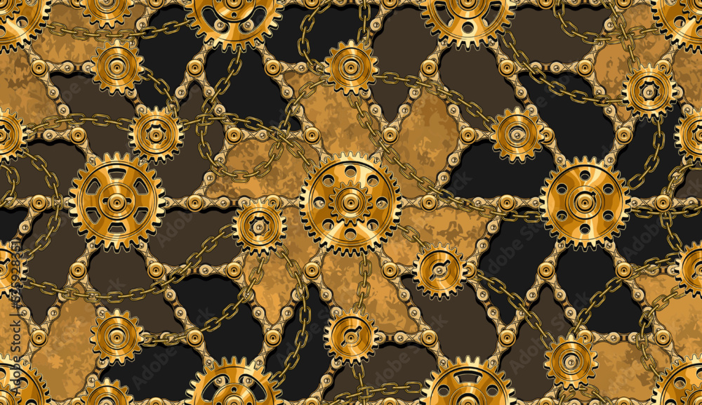 Seamless gold pattern with gearwheels, rivets chains, metallic surface. Vintage industrial background in steampunk style. Creative concept for apparel, fabric, textile, surface design.