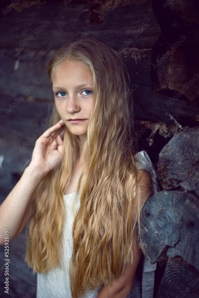 Obraz premium portrait of a beautiful village girl blonde with long hair in a dress and hat sitting by a wooden old barn in summer.