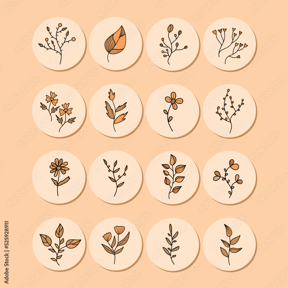 Set of color icons of field forest plants icons in brown tones. You can use icons for social networks.