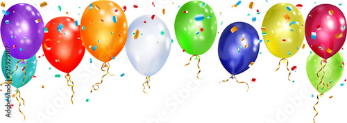 Foto Group of colorful balloons with ribbons and shiny pieces of serpentine