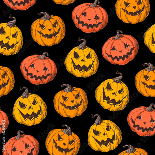 Halloween Pumpkin seamless pattern. Hand drawn vector illustration. Jack o Lantern. Vintage design for the holiday Halloween. Design template.