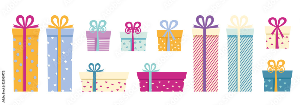 A set of colorful boxes in holiday packages with bows and satin ribbons.Vector graphics.