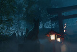 3D rendering of inari fox statue in front of japanese shrine with big torii gate at night