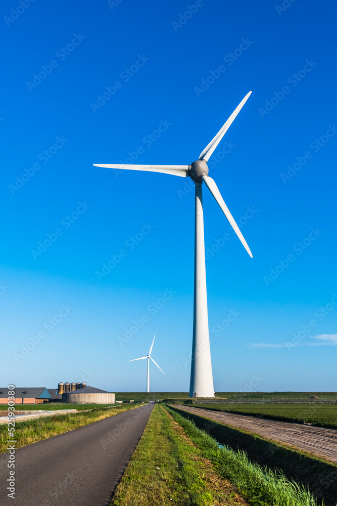 Wind turbine behind the dyke of the IJsselmeer on a summer day