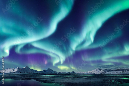 Northern Lights over lake. Aurora borealis with starry in the night sky. Fantastic Winter Epic Magical Landscape of Mountains