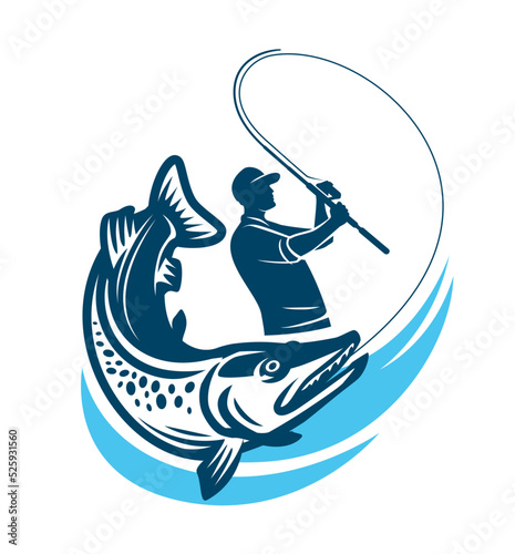 Fisherman caught pike emblem. Sport fishing, outdoor activities logo or badge. Vector illustration