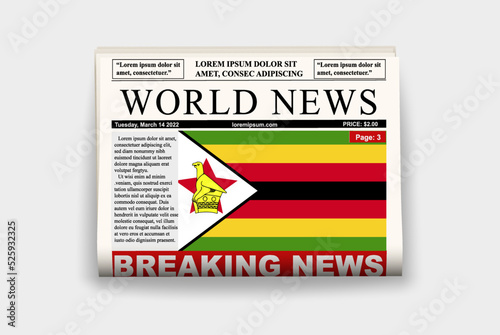 Zimbabwe country newspaper with flag, breaking news on newsletter, news concept, gazette page with headline
