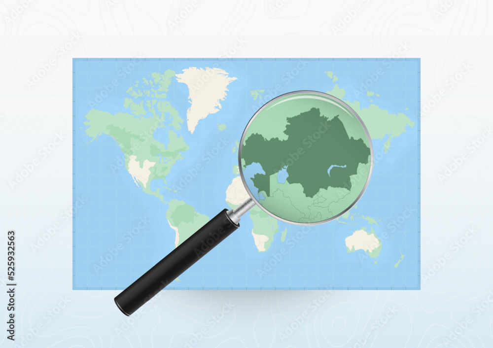 Map of the World with a magnifying glass aimed at Kazakhstan, searching Kazakhstan with loupe. Map of the World with a magnifying glass aimed at Kazakhstan, searching Kazakhstan with loupe.