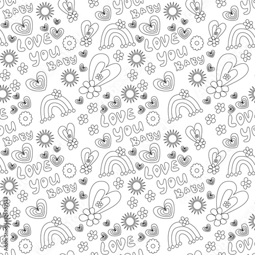 Seamless abstract pattern with hearts, Love you baby lettering, flowers, suns. Whine, black. Vector. Groovy background. Designs for textile fabrics, wrapping paper, background, wallpaper, cover.