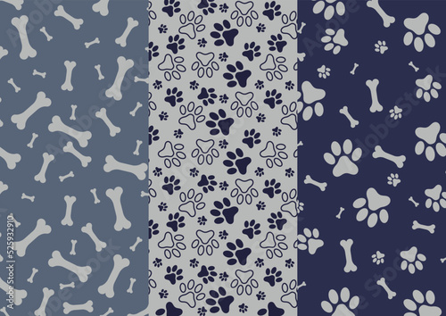 Set de patrones vectoriales de siluetas de huellas de perro y huesitos minimalistas
