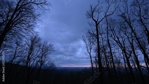 Cloudy morning time lapse sunrise by the Appalachian Trail in Amicalola Georgia surrounded by trees