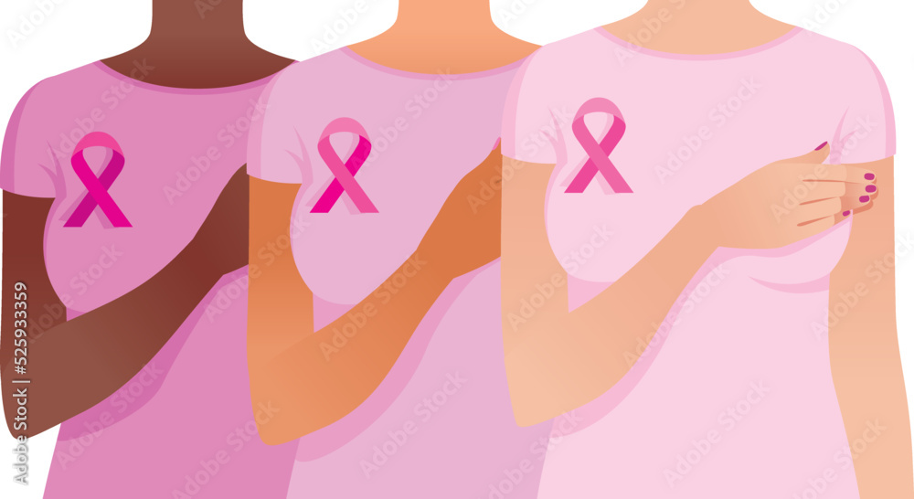 Obraz premium Group of different ethnic women close up. Women with breast cancer awareness ribbons. Girls fight cancer together. Vector illustration