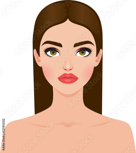 Close-up portrait of a modern beautiful girl. Long-haired slender brunette with full lips and long eyelashes. Social media avatar. Promotion of makeup and eyelash extension for beauty salons.