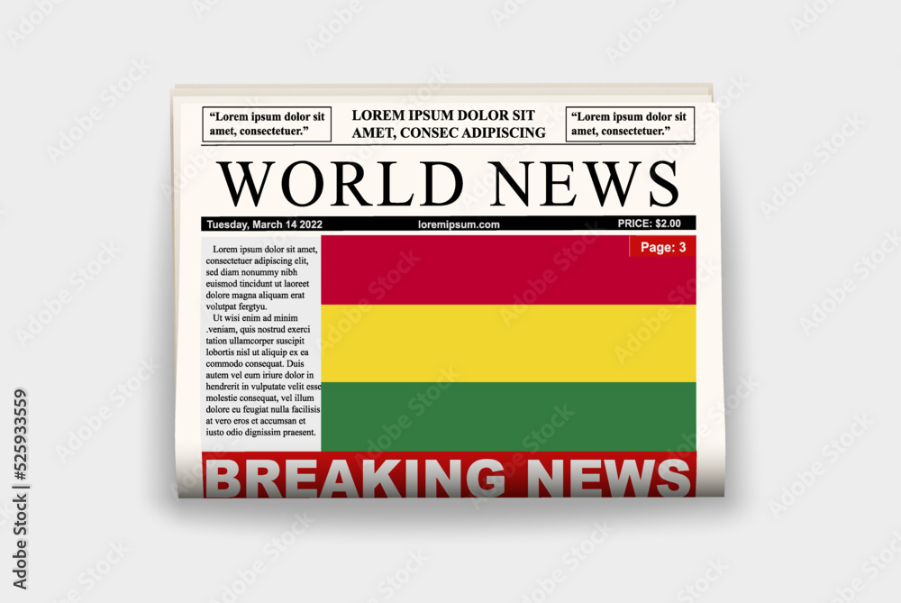 Bolivia country newspaper with flag, breaking news on newsletter, news concept, gazette page with headline Bolivia country newspaper with flag, breaking news on newsletter, news concept, gazette page with headline