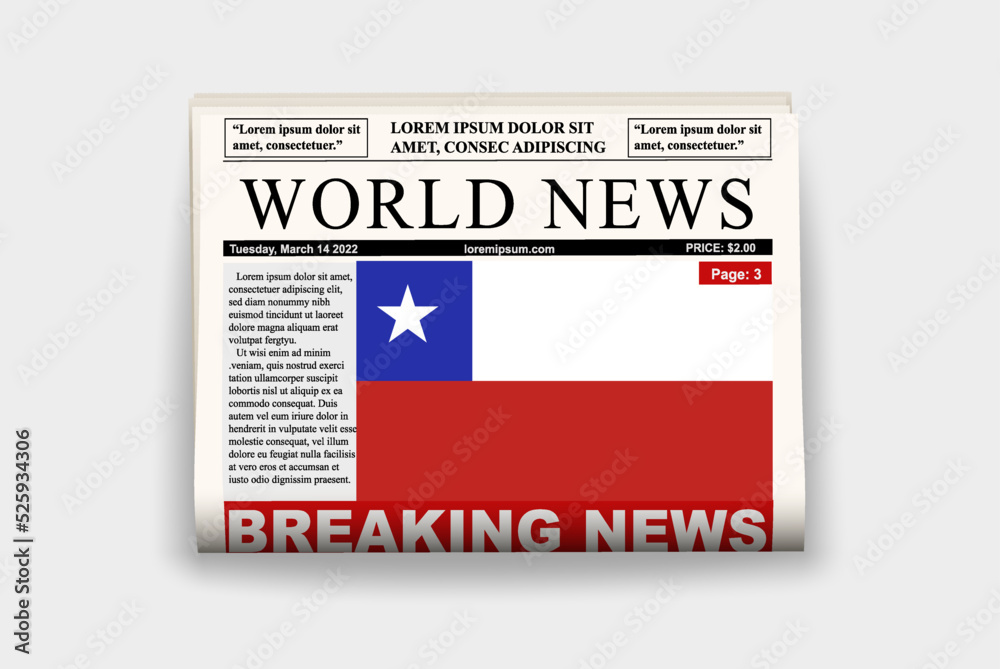 Chile country newspaper with flag, breaking news on newsletter, news concept, gazette page with headline Chile country newspaper with flag, breaking news on newsletter, news concept, gazette page with headline