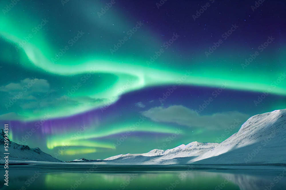 Northern Lights  over lake. Aurora borealis  with starry in the night sky. Fantastic Winter Epic Magical Landscape of Mountains
